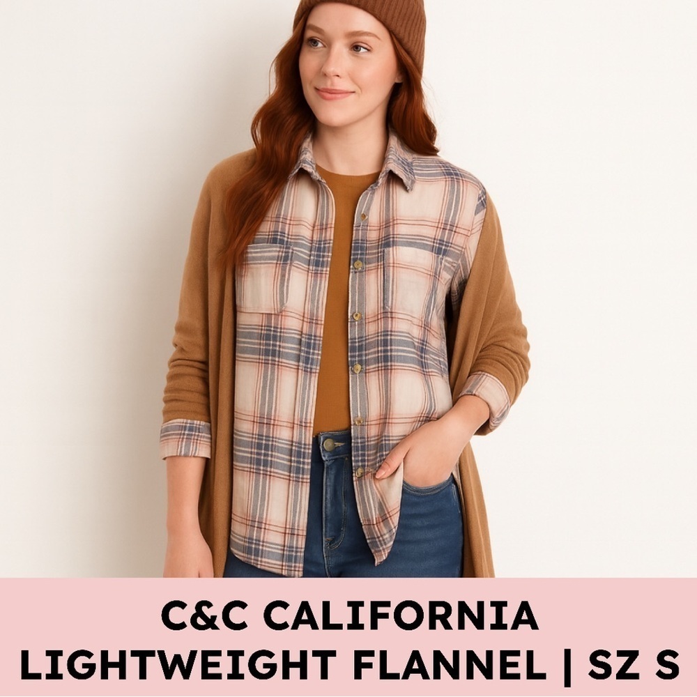 C&C California Plaid Button Down Blush Navy Rayon Blend Soft Flannel Shirt Small